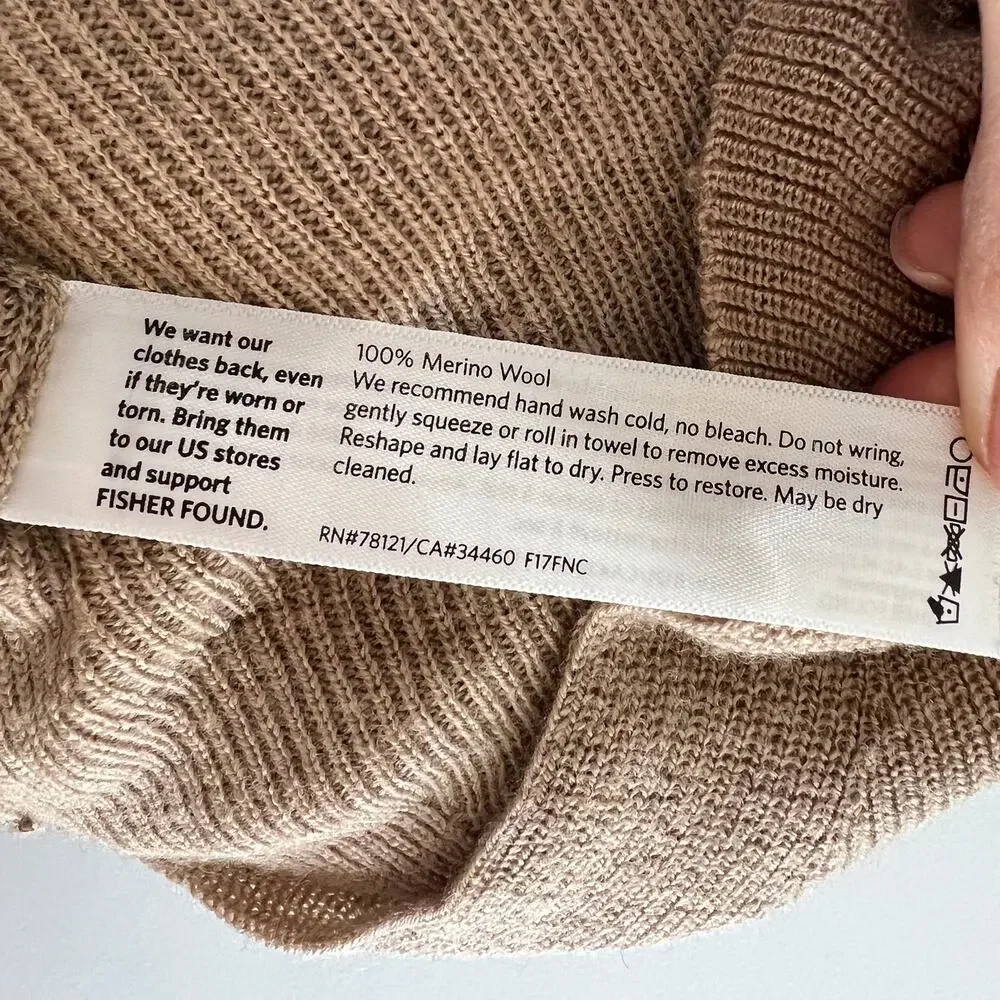 EILEEN FISHER Tan Camel Merino Wool Wide Neck Asymmetrical Pullover Sweater PS
